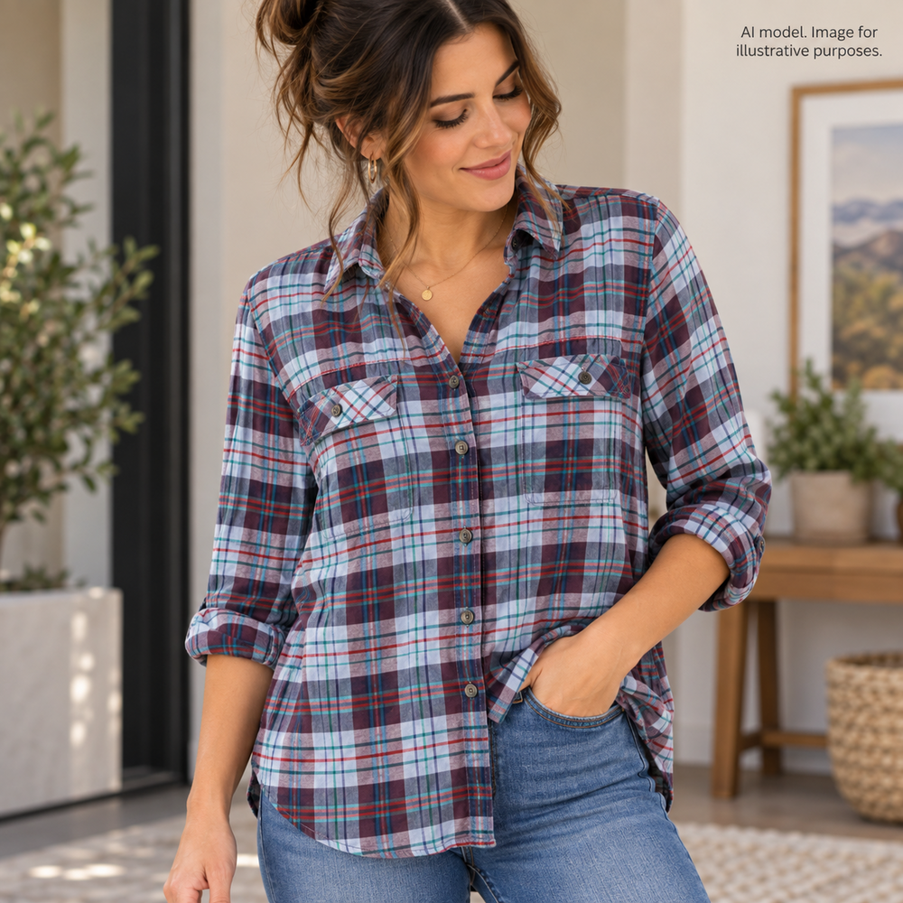 Eddie Bauer Shirt Women Small Blue Plaid Nylon Stretch Outdoor Camp Hike Cruise